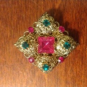 RARE VINTAGE ~ ANTIQUE SIGNED CZECHO SLOVAKIA FILIGREE RHINESTONE PIN ~ BROOCH